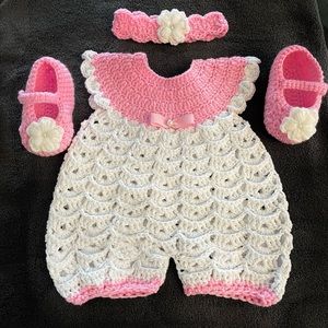 Baby pelele headband and ballerinas crochet 0 to 3 months pink and white